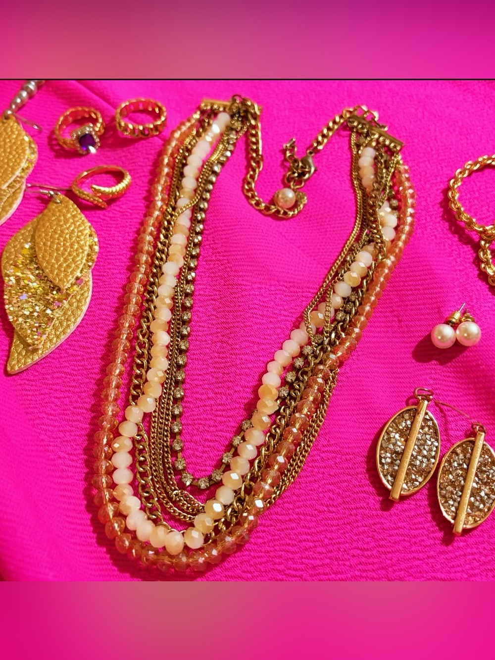 Gold Multi-Strand Necklace with Peach and Cream Beads Bundle - Women Jewelry
